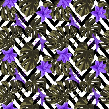 Tropikal yazdır. Orman Seamless modeli. Vektör Tropic yaz motifi ile Hawaiian çiçek. 