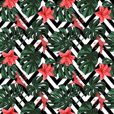Tropikal yazdır. Orman Seamless modeli. Vektör Tropic yaz motifi ile Hawaiian çiçek. 