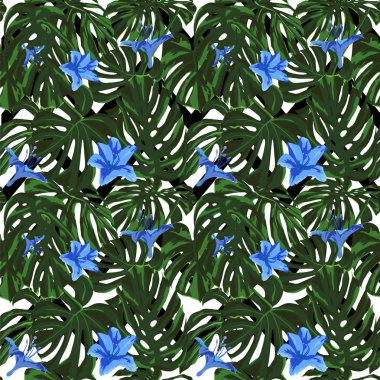 Tropikal yazdır. Orman Seamless modeli. Vektör Tropic yaz motifi ile Hawaiian çiçek. 