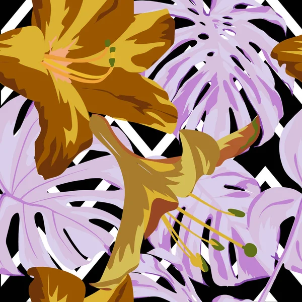 Impressão Tropical. Selva padrão sem costura. Vector Tropic Summer Motif com flores havaianas . —  Vetores de Stock