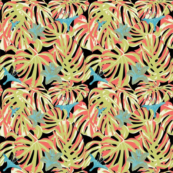 Tropiska Print. Jungle sömlösa mönster. Vector Tropic sommaren motiv med Hawaiian Flowers. — Stock vektor