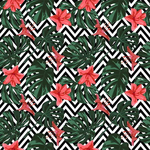 Impresión tropical. Patrón sin costuras de la selva. Motivo de verano tropical vectorial con flores hawaianas . — Vector de stock