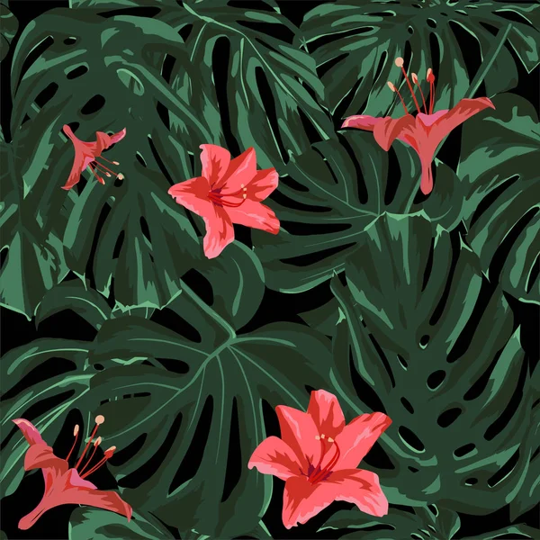 Impressão Tropical. Selva padrão sem costura. Vector Tropic Summer Motif com flores havaianas . — Vetor de Stock