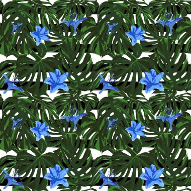Tropikal yazdır. Orman Seamless modeli. Vektör Tropic yaz motifi ile Hawaiian çiçek. 
