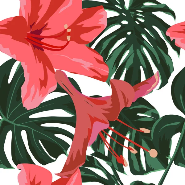 Impressão Tropical. Selva padrão sem costura. Vector Tropic Summer Motif com flores havaianas . — Vetor de Stock