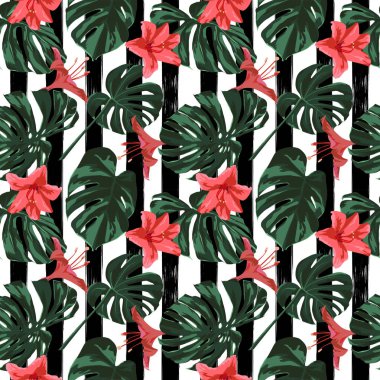 Tropikal yazdır. Orman Seamless modeli. Vektör Tropic yaz motifi ile Hawaiian çiçek. 