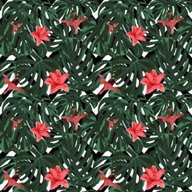 Tropikal yazdır. Orman Seamless modeli. Vektör Tropic yaz motifi ile Hawaiian çiçek. 
