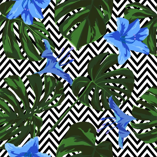 Impressão Tropical. Selva padrão sem costura. Vector Tropic Summer Motif com flores havaianas . —  Vetores de Stock