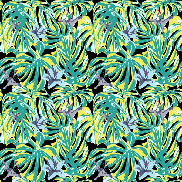 Tropiska Print. Jungle sömlösa mönster. Vector Tropic sommaren motiv med Hawaiian Flowers. — Stock vektor