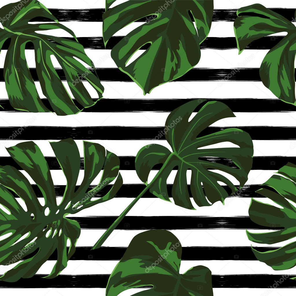 Tropical Print. Jungle Seamless Pattern. Vector Tropic Summer Motif with Hawaiian Flowers. 
