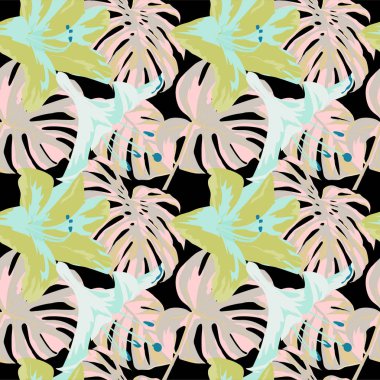 Tropikal yazdır. Orman Seamless modeli. Vektör Tropic yaz motifi ile Hawaiian çiçek. 