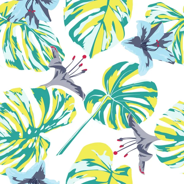 Impressão Tropical. Selva padrão sem costura. Vector Tropic Summer Motif com flores havaianas . — Vetor de Stock