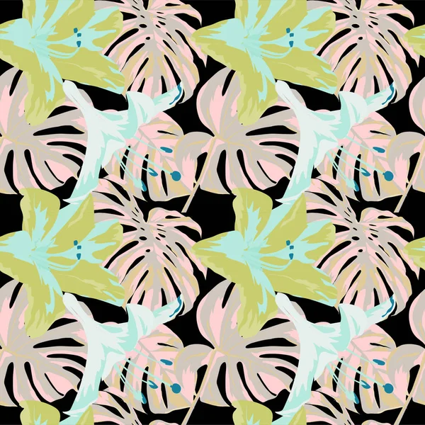 Impresión tropical. Patrón sin costuras de la selva. Motivo de verano tropical vectorial con flores hawaianas . — Archivo Imágenes Vectoriales