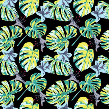 Tropikal yazdır. Orman Seamless modeli. Vektör Tropic yaz motifi ile Hawaiian çiçek. 