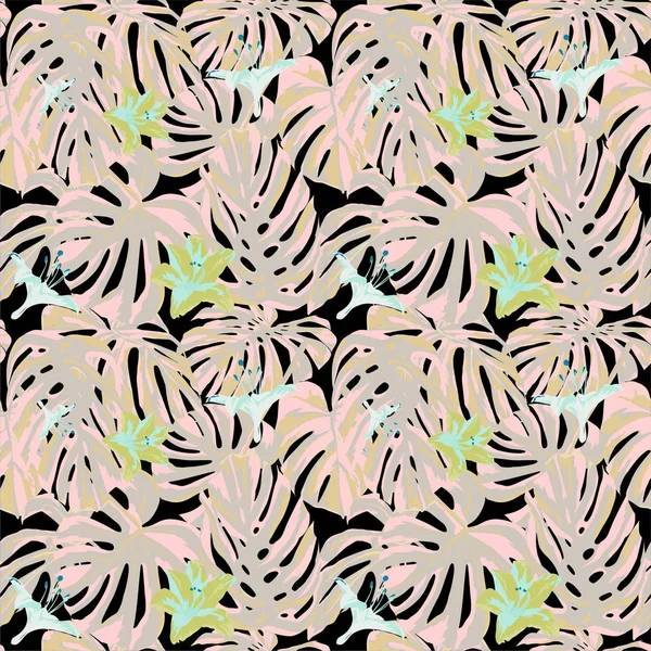 Tropiska Print. Jungle sömlösa mönster. Vector Tropic sommaren motiv med Hawaiian Flowers. — Stock vektor