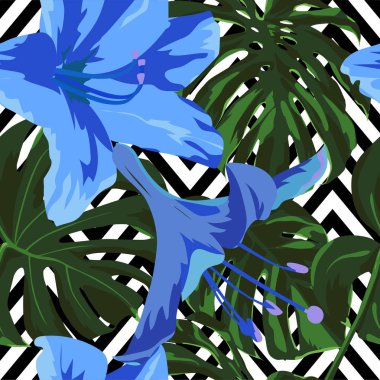 Tropikal yazdır. Orman Seamless modeli. Vektör Tropic yaz motifi ile Hawaiian çiçek. 
