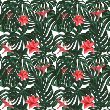 Tropikal yazdır. Orman Seamless modeli. Vektör Tropic yaz motifi ile Hawaiian çiçek. 