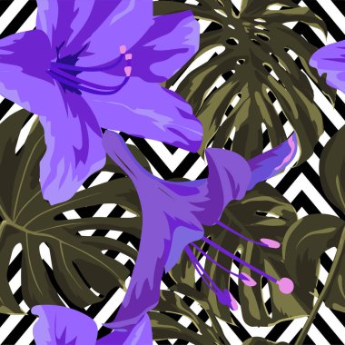 Tropikal yazdır. Orman Seamless modeli. Vektör Tropic yaz motifi ile Hawaiian çiçek. 