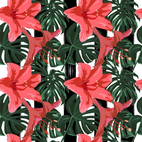 Impresión tropical. Patrón sin costuras de la selva. Motivo de verano tropical vectorial con flores hawaianas . — Archivo Imágenes Vectoriales