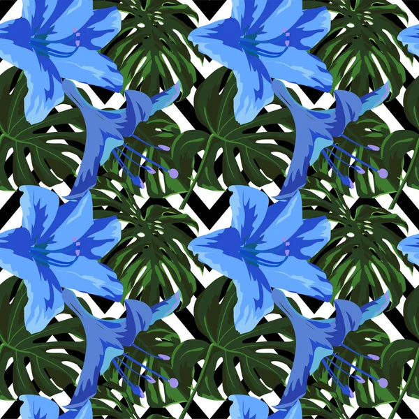 Tropiska Print. Jungle sömlösa mönster. Vector Tropic sommaren motiv med Hawaiian Flowers. — Stock vektor