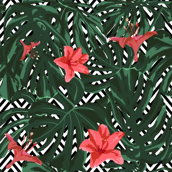 Impressão Tropical. Selva padrão sem costura. Vector Tropic Summer Motif com flores havaianas . —  Vetores de Stock