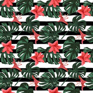 Tropikal yazdır. Orman Seamless modeli. Vektör Tropic yaz Motif Hawaiian çiçek ile. Arka plan doku, kağıt, tekstil, kumaş veya duvar kağıdı sarma.  