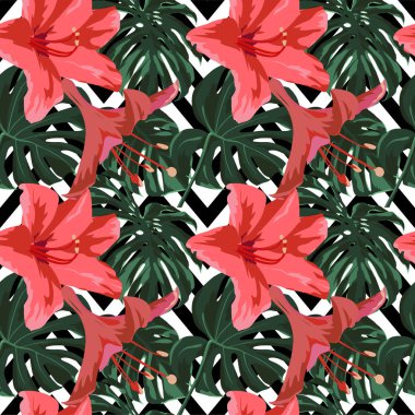Tropikal yazdır. Orman Seamless modeli. Vektör Tropic yaz motifi ile Hawaiian çiçek. 