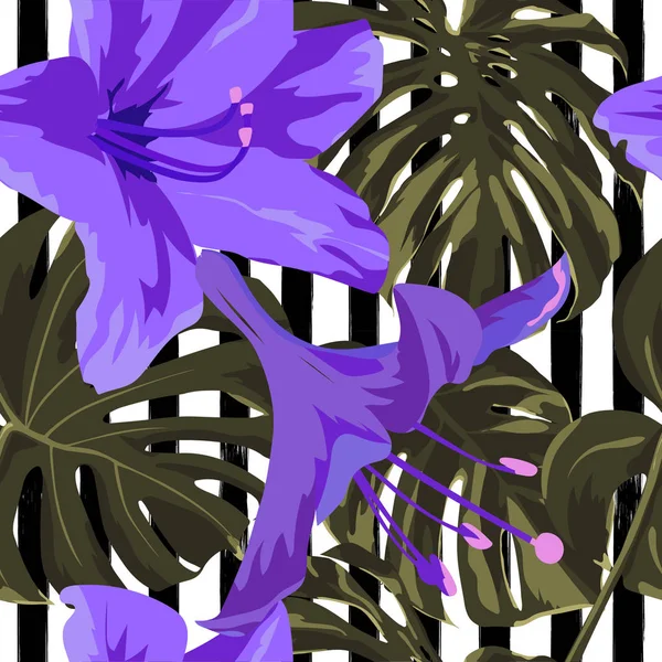 Stampa tropicale. Jungle Seamless Pattern. Motivo estivo tropicale vettoriale con fiori hawaiani . — Vettoriale Stock