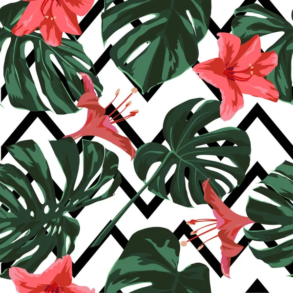 Tropikalnym nadrukiem. Wzór dżungli. Wektor zwrotnik lato motyw z hawajskie kwiaty. — Wektor stockowy
