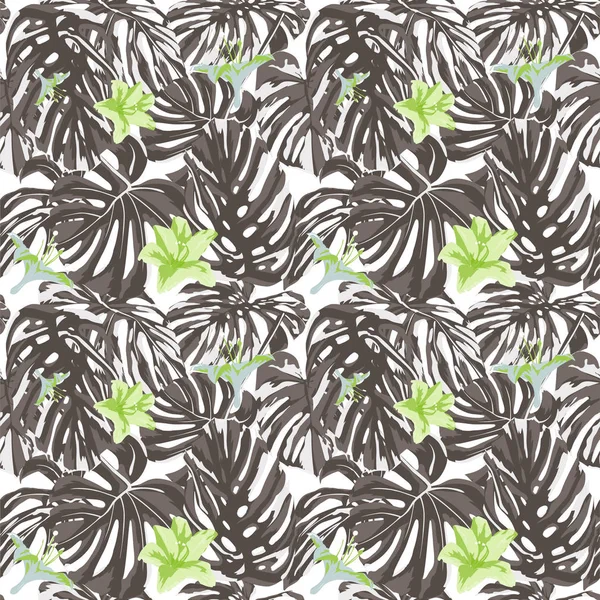 Impressão Tropical. Selva padrão sem costura. Vector Tropic Summer Motif com flores havaianas . —  Vetores de Stock