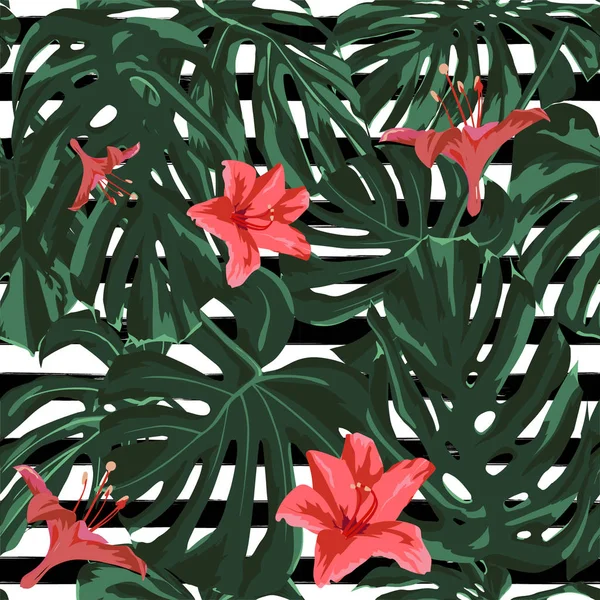 Тропический принт. Безшовный узор джунглей. Векторный тропический летний мотив с гавайскими цветами . — стоковый вектор