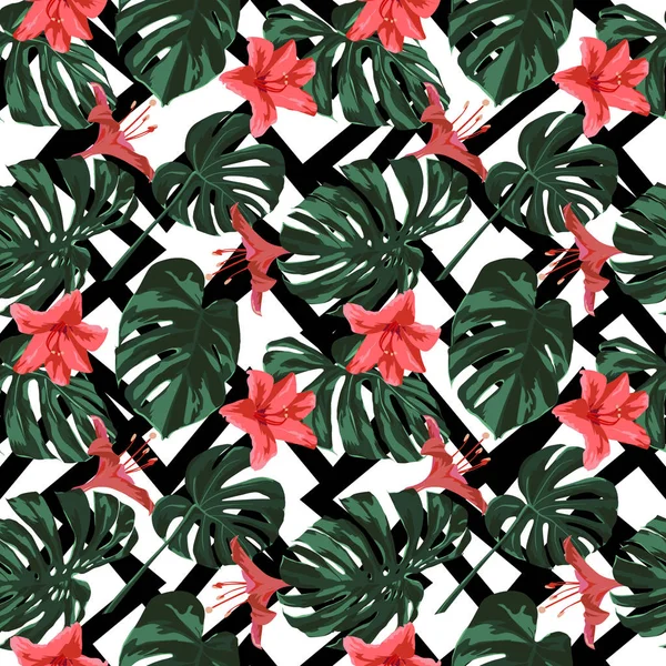 Stampa tropicale. Jungle Seamless Pattern. Motivo estivo tropicale vettoriale con fiori hawaiani . — Vettoriale Stock