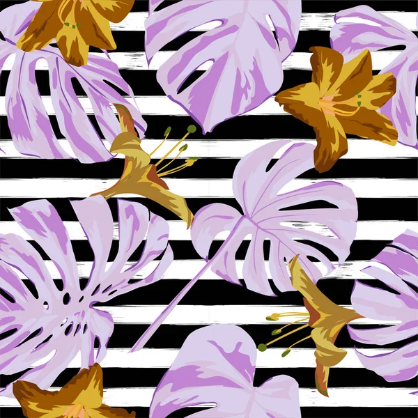 Impressão Tropical. Selva padrão sem costura. Vector Tropic Summer Motif com flores havaianas . —  Vetores de Stock