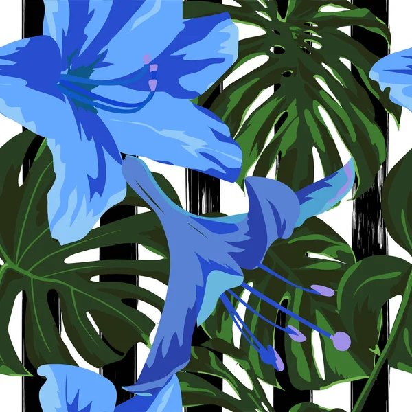 Impressão Tropical. Selva padrão sem costura. Vector Tropic Summer Motif com flores havaianas . —  Vetores de Stock