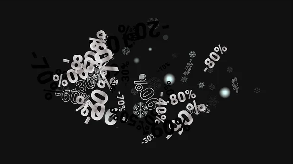 Procent sjunger på mörk bakgrund. Svart affisch med silverfärgade sånger och snöflingor. Vektor rabatt Försäljning bakgrund. — Stock vektor