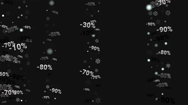 Prozent singt auf dunklem Hintergrund. Schwarzes Plakat mit Silberprozent singt und Schneeflocken. Hintergrund des Vector Discount Sale. — Stockvektor