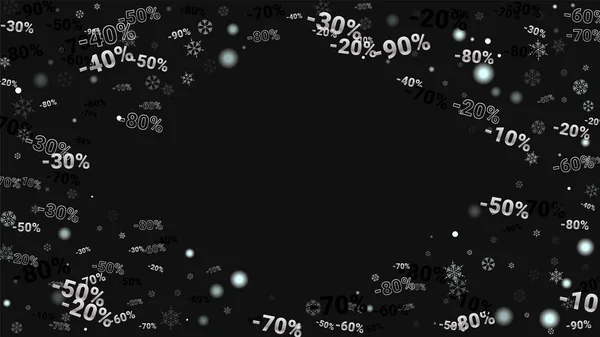 Percent Sings on Dark Background. Black Poster with Silver Percent Sings and Snowflakes. Vector Discount Sale Background. — Stock Vector