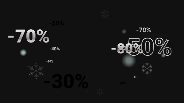 Percent Sings on Dark Background. Cartaz preto com Silver Percent Sings e flocos de neve. Vector desconto Venda fundo. — Vetor de Stock