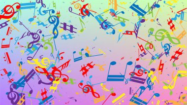 Disko arka planı. Rastgele Düşen Notalar, Bas ve Üçlü Anahtar. Renkli Müzik Notaları Sembolü Hologram Arkaplanına Düşüyor. Müzikal Sembollü Disko Vektör Şablonu.