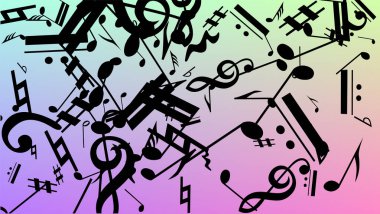 Disko arka plan. Birçok rasgele düşen notlar, bas ve tiz nota anahtarı. Hologram zemin üzerine düşen siyah müzik notaları sembolü. Disko vektör şablonu ile müzikal sembolleri.