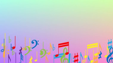 Disko arka planı. Renkli Müzik Notaları Sembolü Hologram Arkaplanına Düşüyor. Rastgele Düşen Notalar, Bas ve Üçlü Anahtar. Müzikal Sembollü Disko Vektör Şablonu.