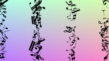 Disko arka plan. Hologram zemin üzerine düşen siyah müzik notaları sembolü. Birçok rasgele düşen notlar, bas ve tiz nota anahtarı. Disko vektör şablonu ile müzikal sembolleri.