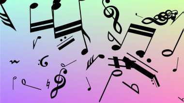 Disko arka plan. Birçok rasgele düşen notlar, bas ve tiz nota anahtarı. Hologram zemin üzerine düşen siyah müzik notaları sembolü. Disko vektör şablonu ile müzikal sembolleri.