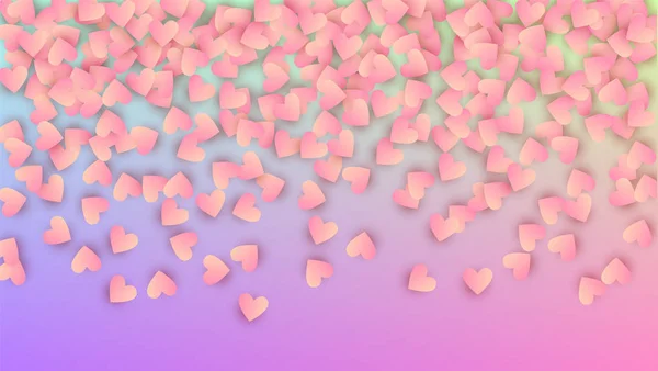 Fondo de boda. Muchos corazones bellos que caen al azar en el telón de fondo del holograma. Plantilla de póster. Patrón de Confetti del corazón. Fondo de boda vectorial . — Archivo Imágenes Vectoriales