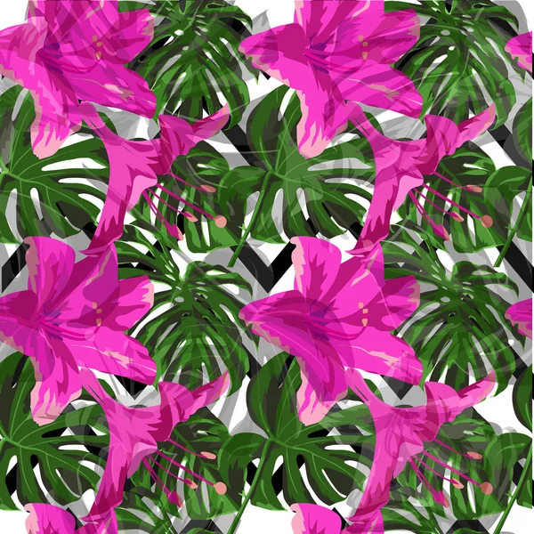 Tropische Blumen. Wiederholungsillustration. exotische Palmenkulisse. Sommer-Design für Bademode. tropische Blumen und Blätter. — Stockvektor