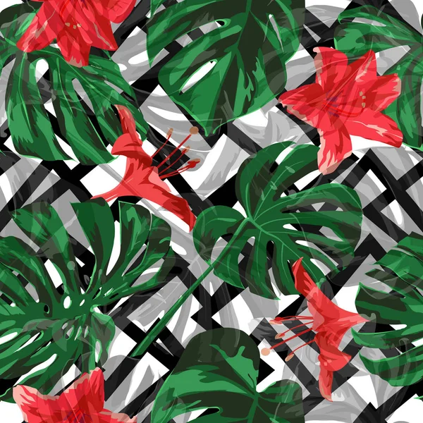 Hawaiian Flowers. Ilustración repetible. Diseño de verano para trajes de baño. Fondo exótico Palm Greenery. Flores y hojas hawaianas . — Vector de stock