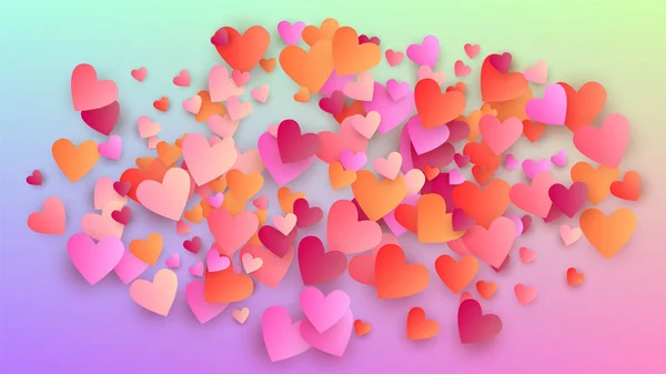 Valentine\'s Day Background. Banner Template. Many Random Falling Purple Hearts on Hologram Backdrop. Heart Confetti Pattern. Vector Valentine\'s Day Background.
