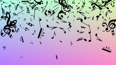 Disko arka plan. Birçok rasgele düşen notlar, bas ve G nota anahtarı. Hologram zemin üzerine düşen siyah müzik notaları sembolü. Disko vektör şablonu ile müzikal sembolleri.