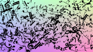 Disko arka plan. Hologram zemin üzerine düşen siyah müzik notaları sembolü. Birçok rasgele düşen notlar, bas ve tiz nota anahtarı. Disko vektör şablonu ile müzikal sembolleri.