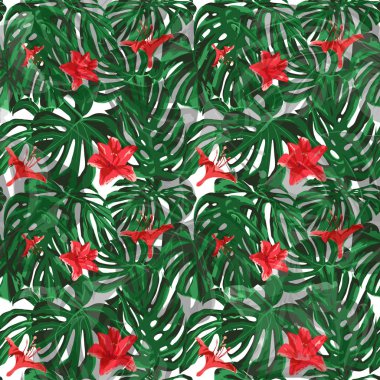 Monstera desen. Sorunsuz illüstrasyon. Yaz mayo için tasarım. Egzotik palmiye yeşillik zemin. Monstera Seamless modeli.